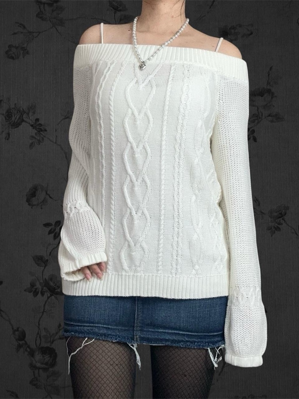 Soho Ny&Co Jeans Cream Off The Shoulder Knit Cozy Sweater